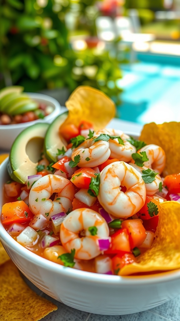 A bowl of shrimp ceviche with tomatoes, red onions, cilantro, and avocado, served with tortilla chips.